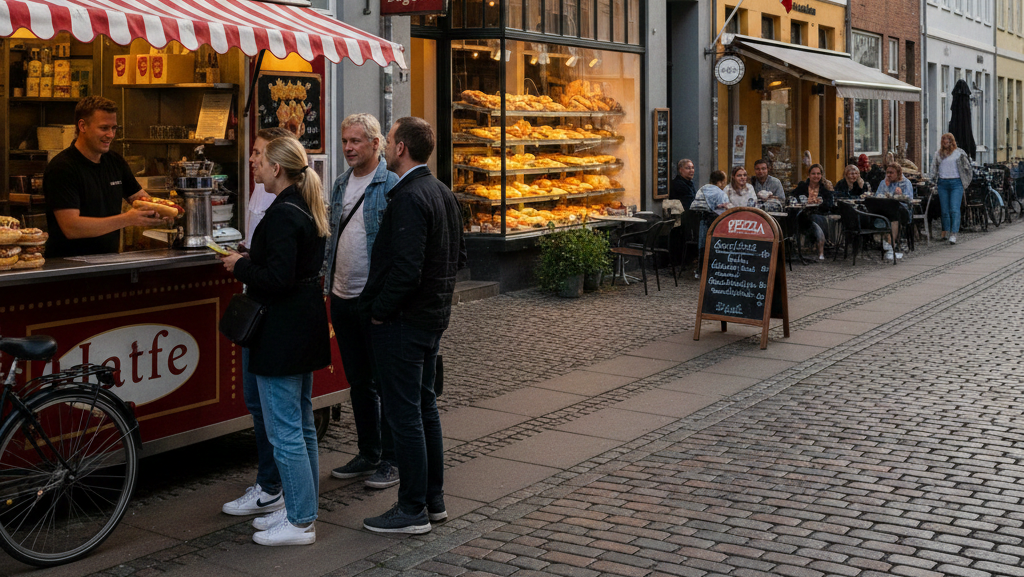 Obraz przedstawia tętniącą życiem, malowniczą uliczkę w europejskim mieście